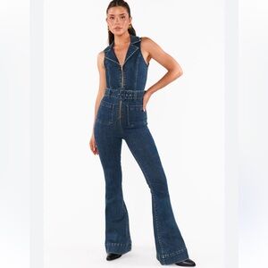 Show Me Your MuMu Jacksonville Flare Denim Jumpsuit Size M Flare 70s Belted